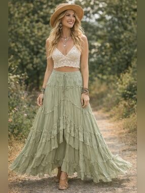 Bohemian Sage Tiered Maxi Skirt - Women's Long Flowing Skirt